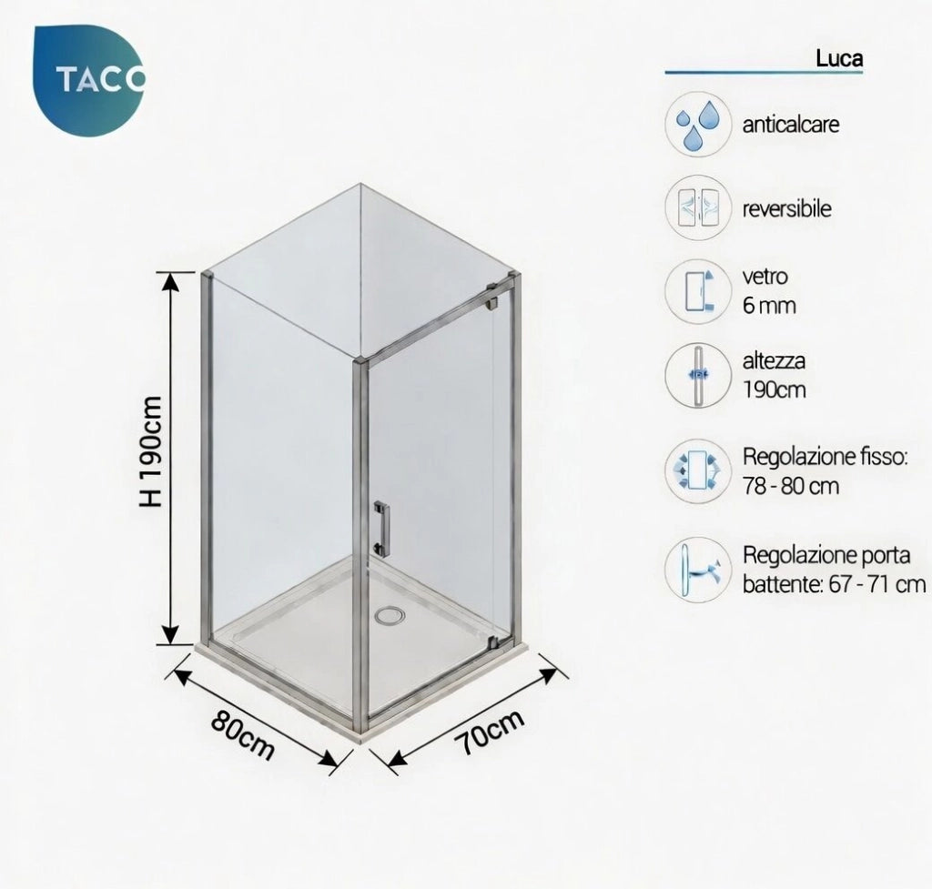 Box doccia 2 lati 80x70 cm fisso + porta 1 battente h190cm LUCA - Cromato Lucido