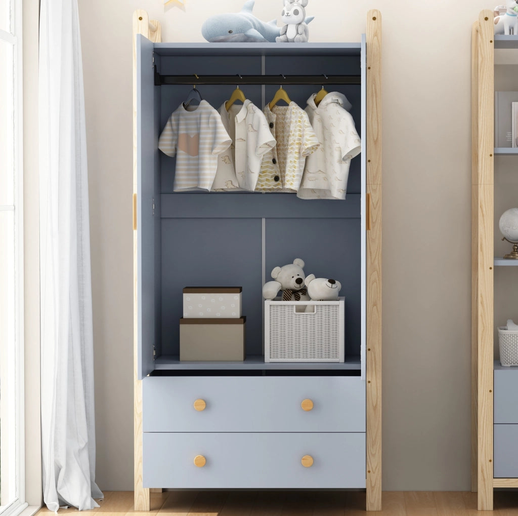 Armadio 90x45x180 cm blu; pannello truciolare con 2 ante e 2 cassetti