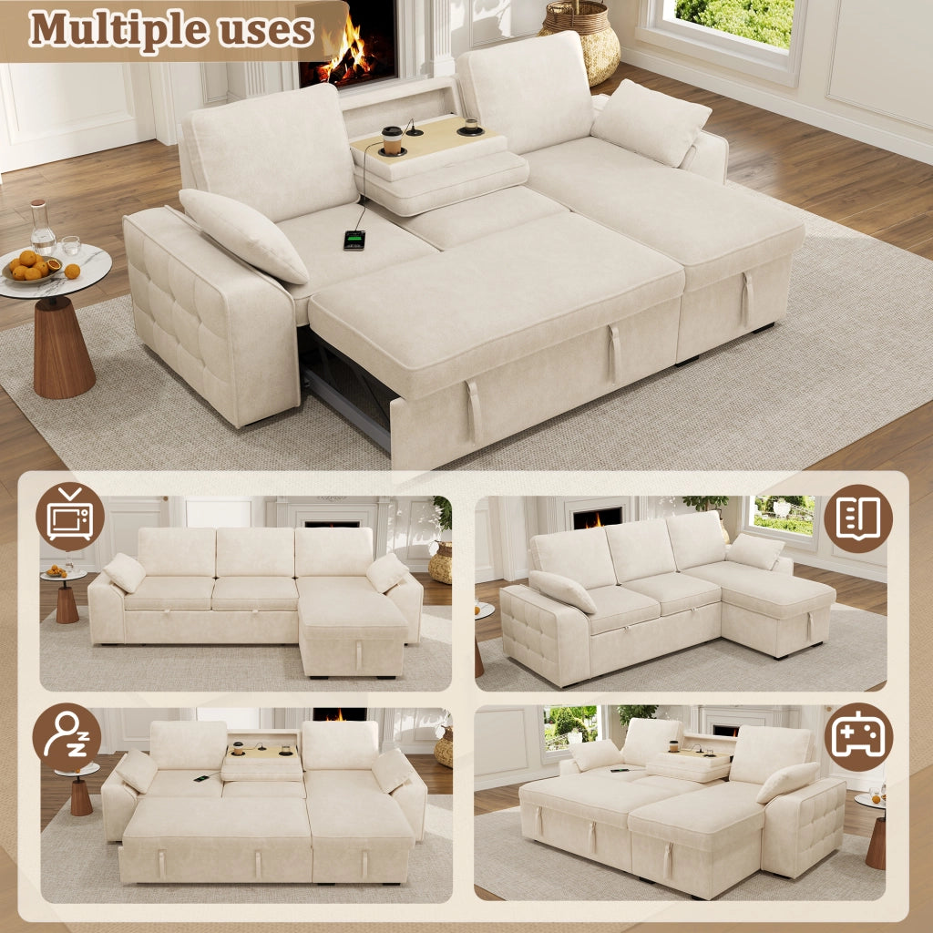 Divano angolare 3 posti convertibile con letto estraibile, contenitore, USB e chenille beige 237 × 141 × 86 cm