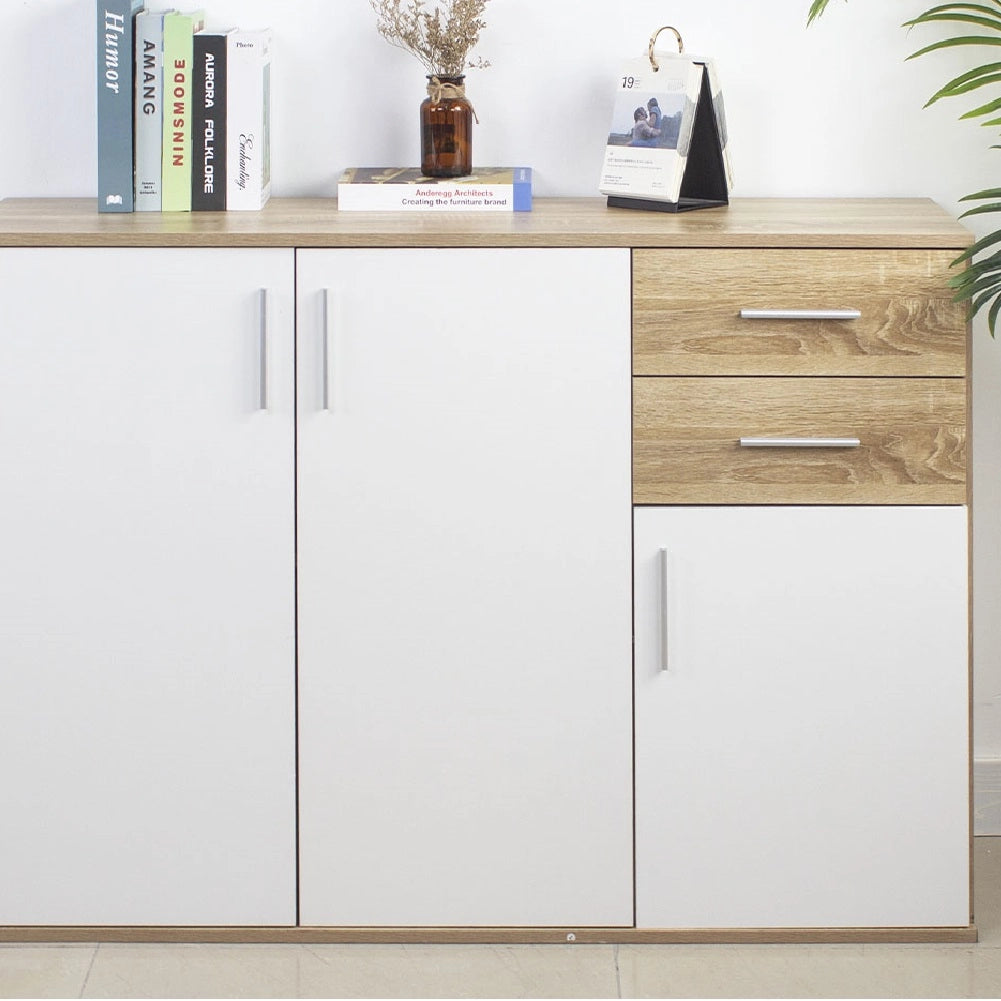 Mobile Cassettiera Moderna 3 Porte 2 Cassetti Design Minimal Bianco Quercia 120cm