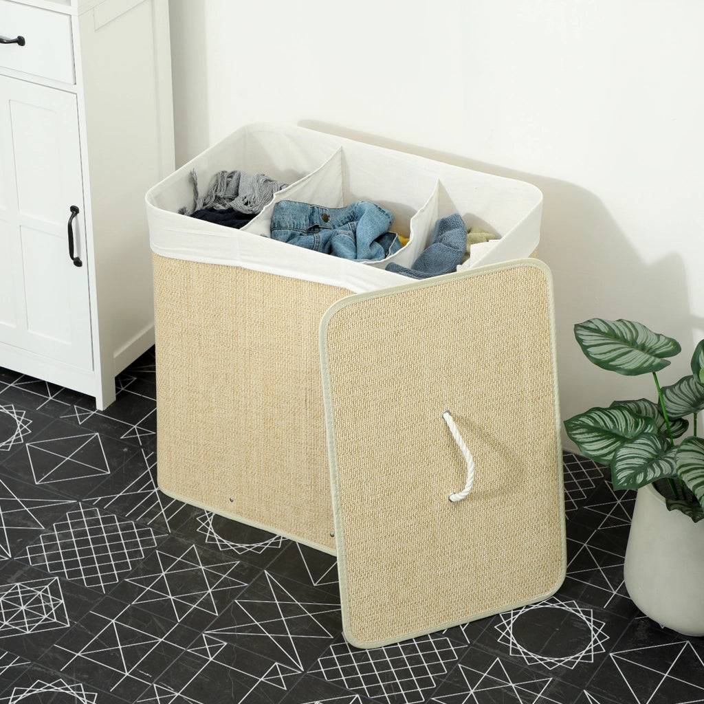 Cestino per Biancheria in Bamb¨´ con 3 Scomparti ¨C Zephmum ¨C 60x40x60 cm Crema