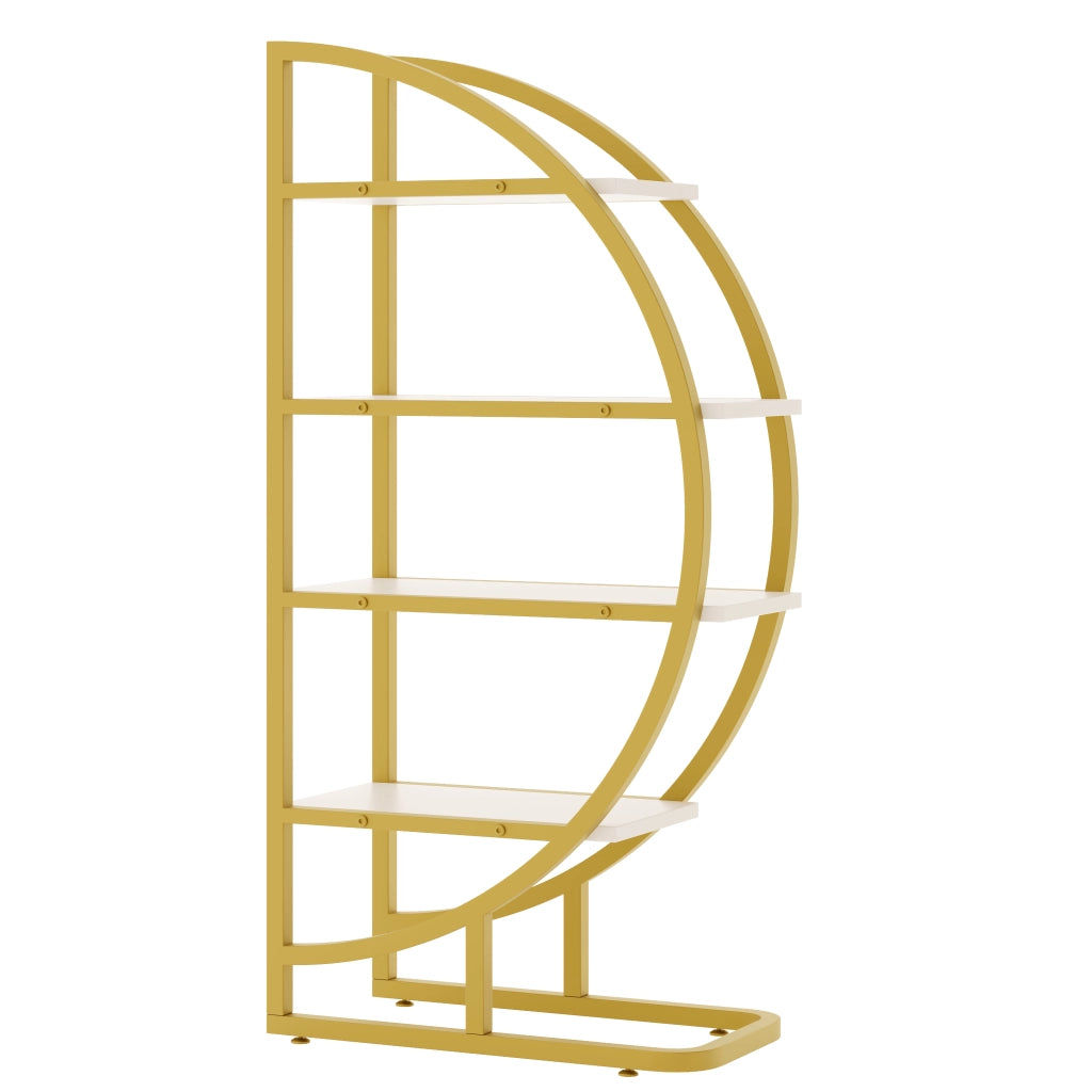 Libreria ad arco 120×30×130 cm, 2 pezzi, struttura in metallo oro con ripiani MDF bianchi, scaffale modulare