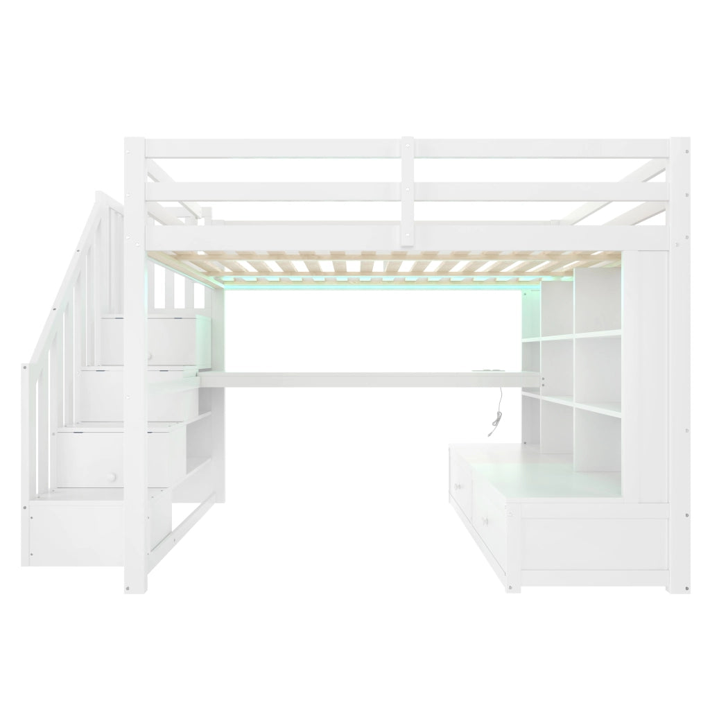 Letto a castello bianco con scrivania e scaffali in MDF e pino 140x200 cm