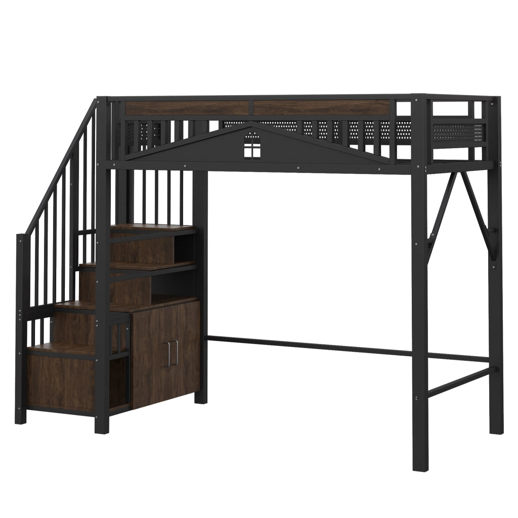 Letto a soppalco in metallo 90 x 200 cm con scala laterale, spazio contenitivo integrato e design finestra, nero