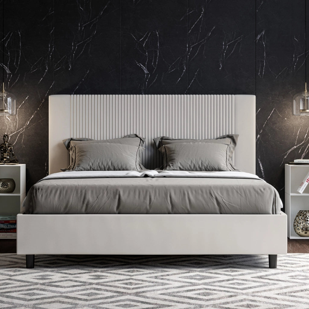 Letto Matrimoniale 160x190 cm con Rete e Contenitore con Testata e Alzata Comoda Imbottito in Similpelle Goya Bianco