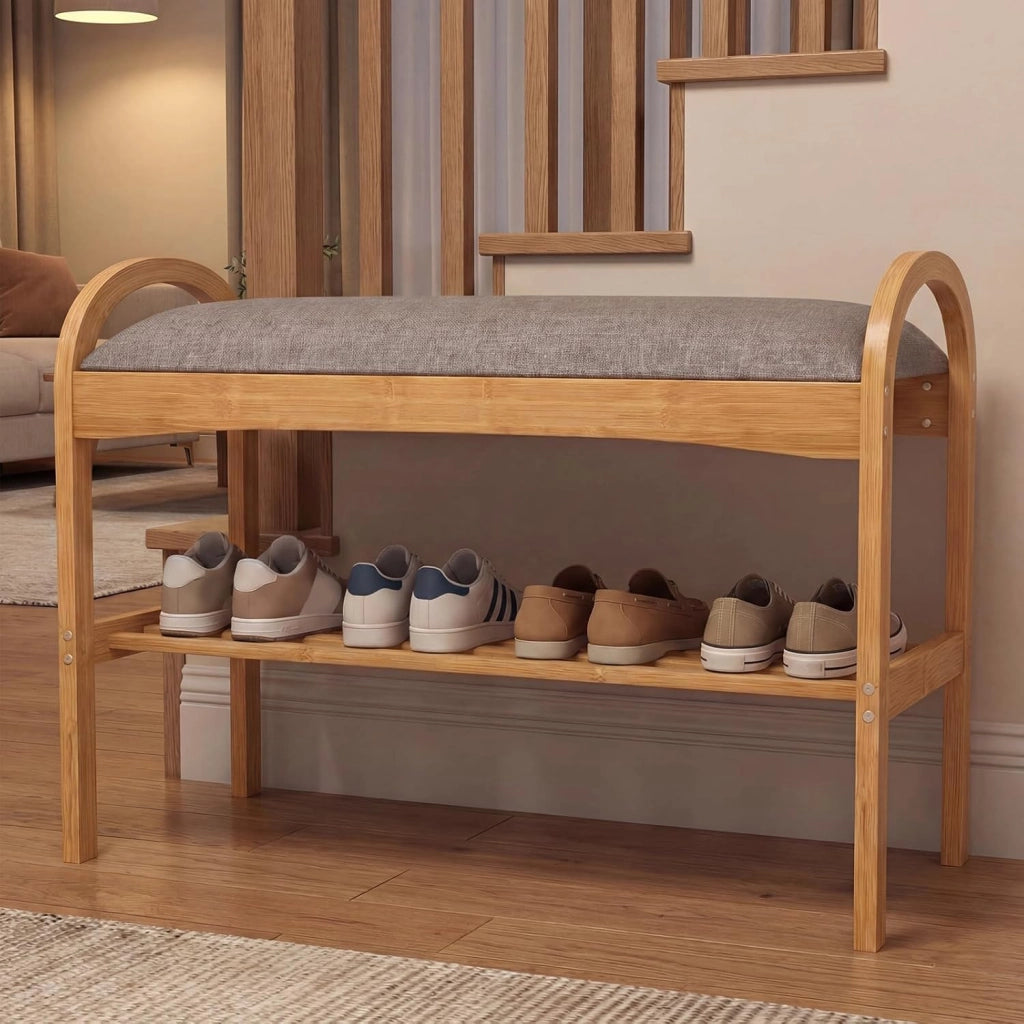 Panca Scarpiera da Ingresso con Contenitore, Panca Imbottita Porta Scarpe in Legno Bambù 2 Livelli, per Corridoio, Camera da Letto e Soggiorno, Carico 150 kg, 70 x 30 x 51 cm