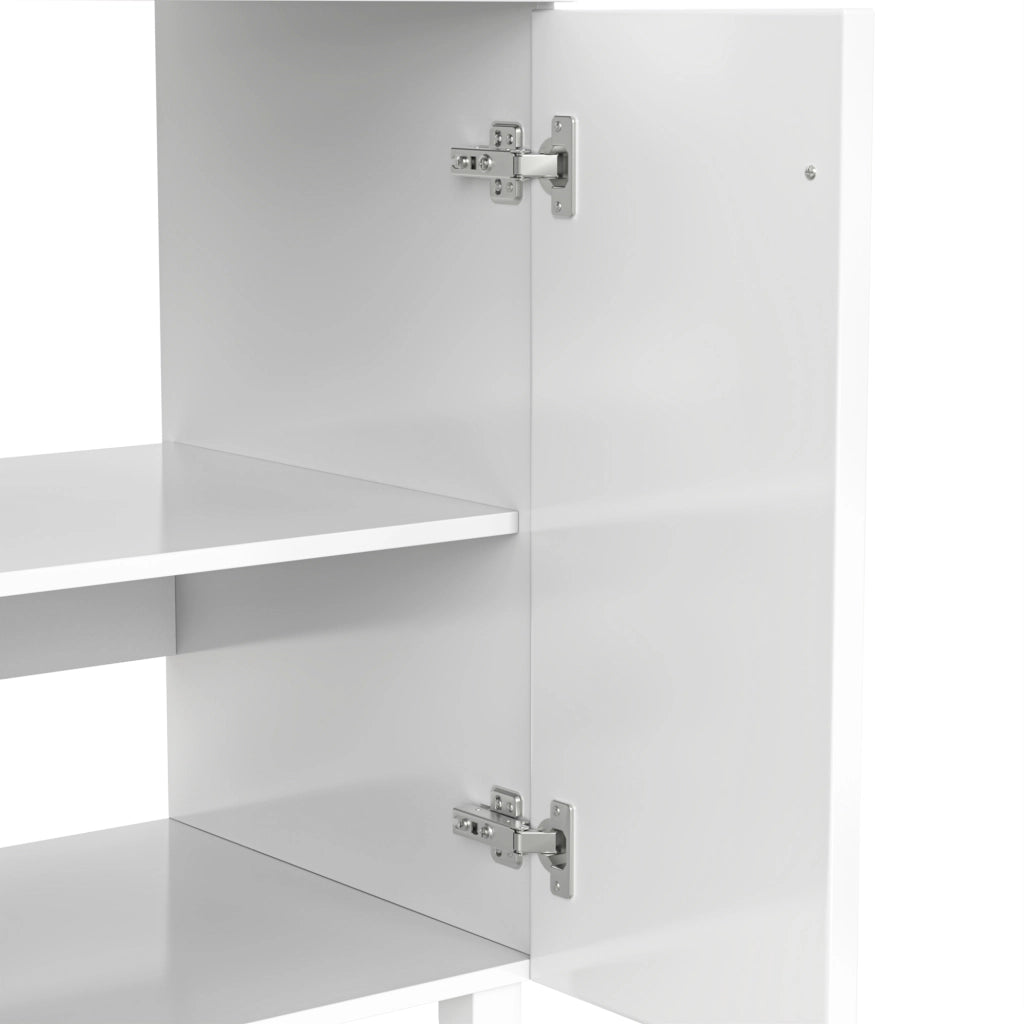 Mobile bagno freestanding con lavabo in ceramica, struttura in MDF laccato, gambe in legno massiccio e spazio contenitivo multiuso