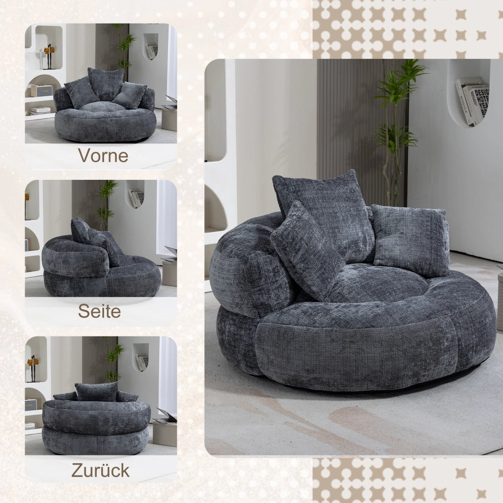 Poltrona Pouf per Adulti con Schienale Alto e Braccioli; Poltrona Gaming Relax 3 Cuscini; in Ciniglia Grigio