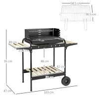 Barbecue a Carbonella ad Altezza Regolabile con 3 Ripiani e Vassoio, in Metallo Legno, 113x53.5x82.5 cm, Nera