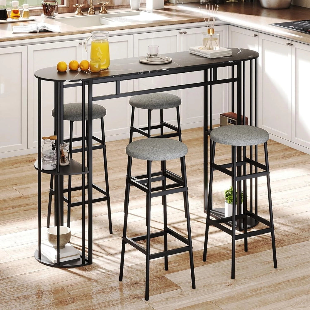 Tavolo da Bar Alto, Tavolino da Cucina Moderno con Piano in Finto Marmo, 4 Ripiani Laterali e Struttura in Metallo, Bancone Cucina da Casa per Soggiorno e Sala da Pranzo (Grigio)