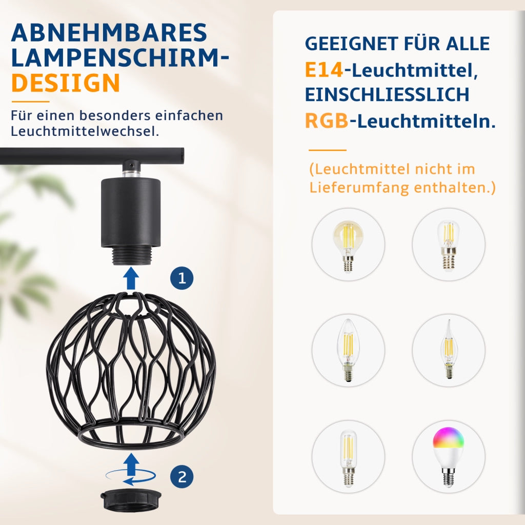 ZMH Faretto da soffitto 4 Luci Nero E14 Metall Orientabile Moderni per Soggiorno Cucina Corridoio Senza Lampadina