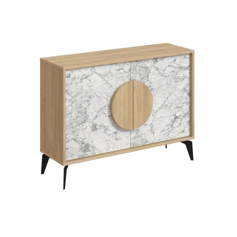 Madia Gora 110 cm struttura colore rovere con ante carrara effetto marmo bianco