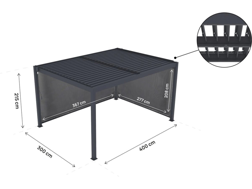 Pergola bioclimatica "Windsor premium" con led e 2 tende in alluminio - 3 x 4 m - Grigio