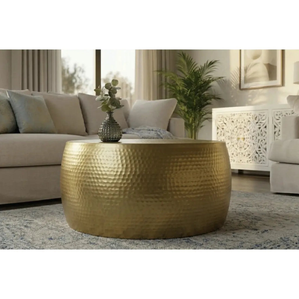 Tavolino TRIANE 60 cm in alluminio dorato – Tavolino rotondo design effetto martellato