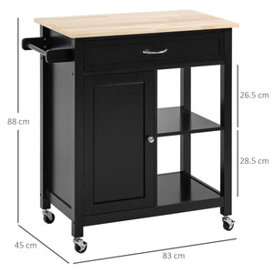 Carrello da Cucina 83x45x88 cm 1 Cassetto 1 Armadietto 2 Ripiani in MDF e Acciaio Nero