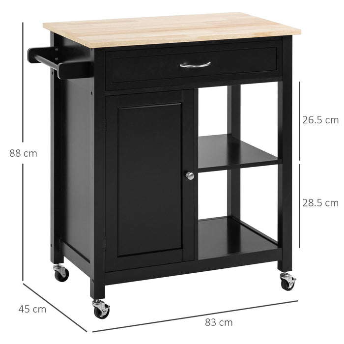 Carrello da Cucina 83x45x88 cm 1 Cassetto 1 Armadietto 2 Ripiani in MDF e Acciaio Nero