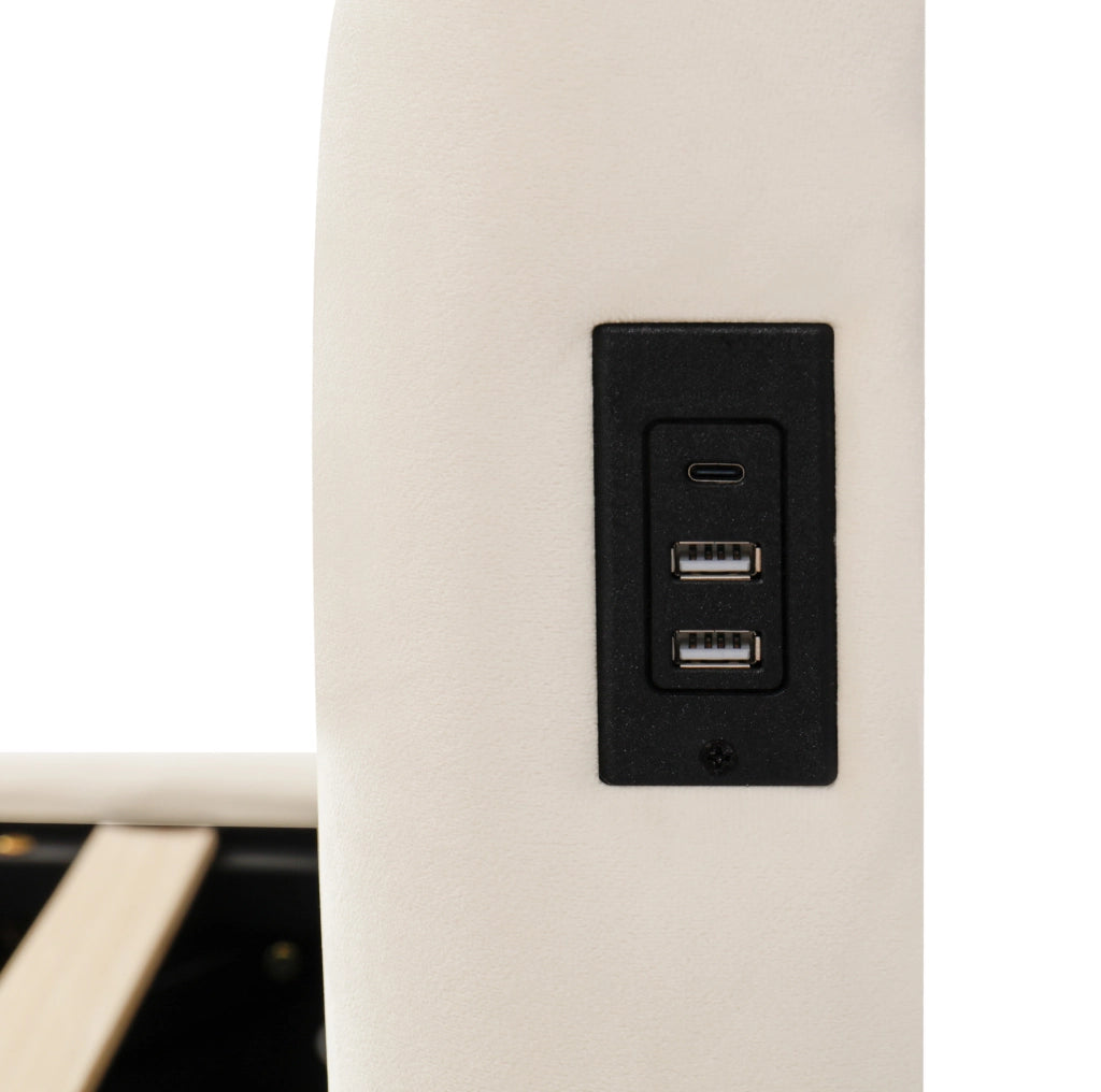 Letto singolo imbottito con contenitore, testiera USB e rete a doghe 90x200 cm