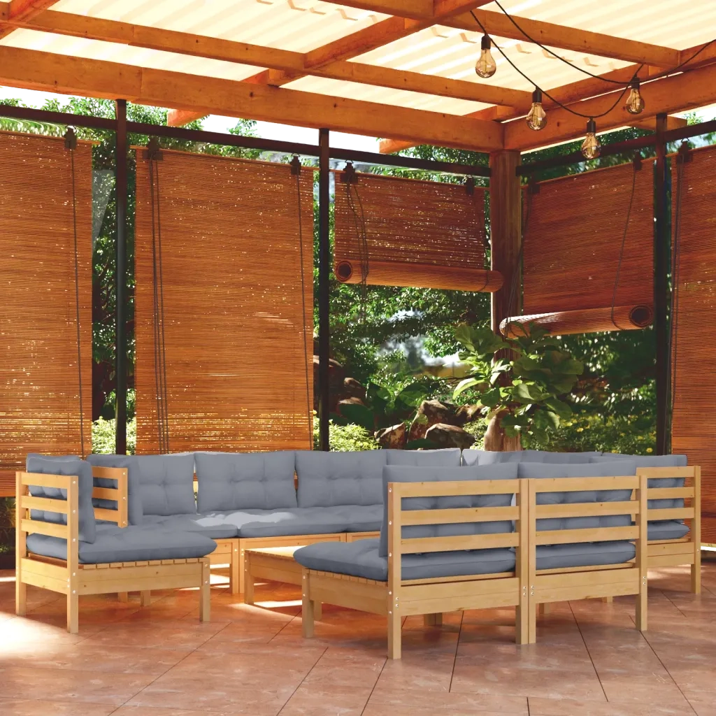 Set Divani da Giardino 10 pz con Cuscini Grigi Massello di Pino 3096748