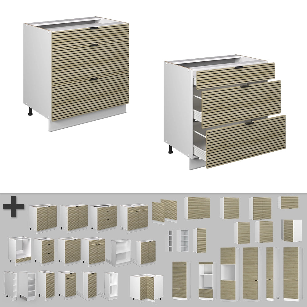 Mobiletto base per cucina Fame-Line Pannello in quercia/Bianco 80 cm con 3 cassetti, senza piano di lavoro Vicco