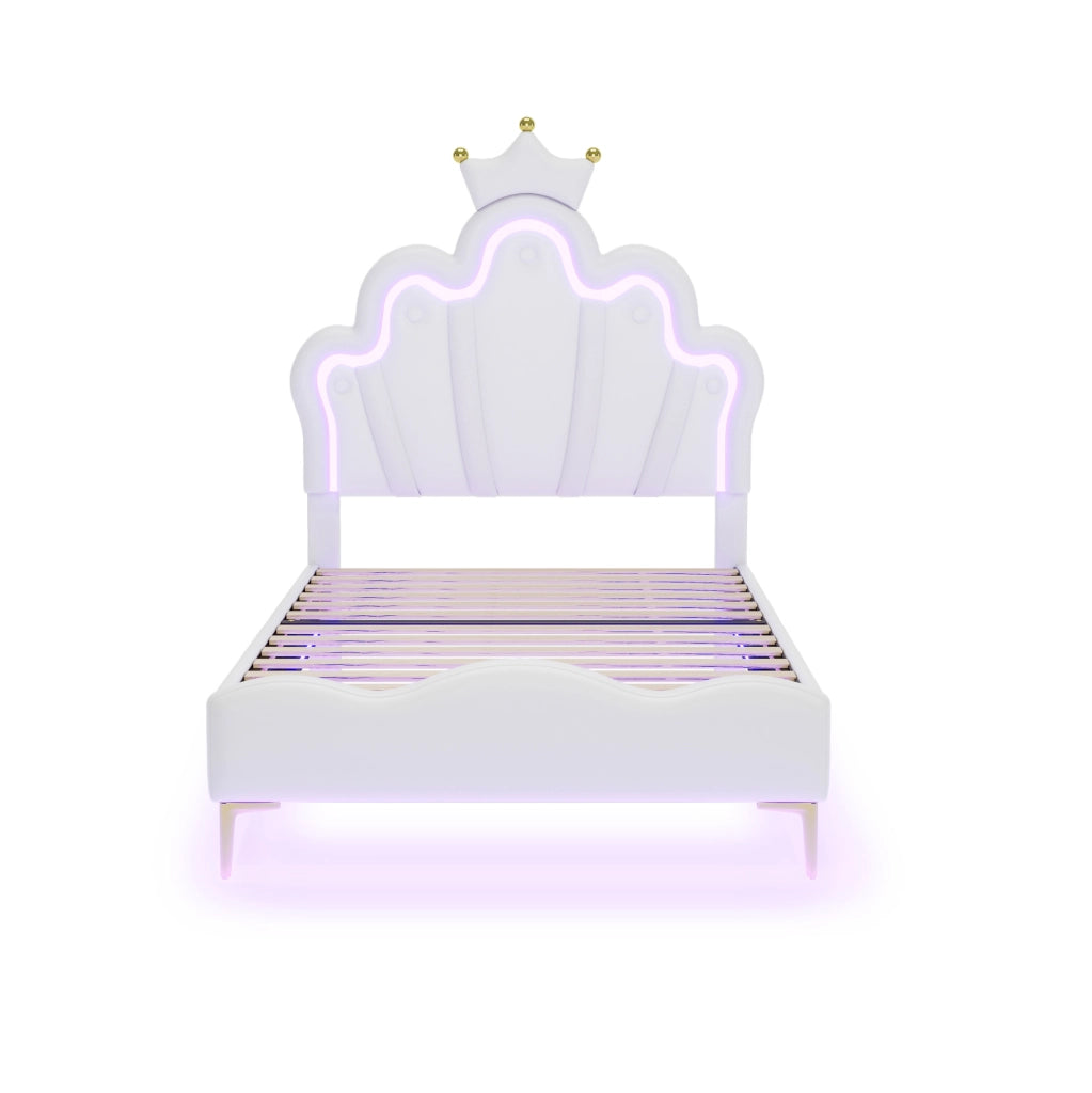 Letto singolo 90x200 cm a corona con LED, rivestimento in PU bianco