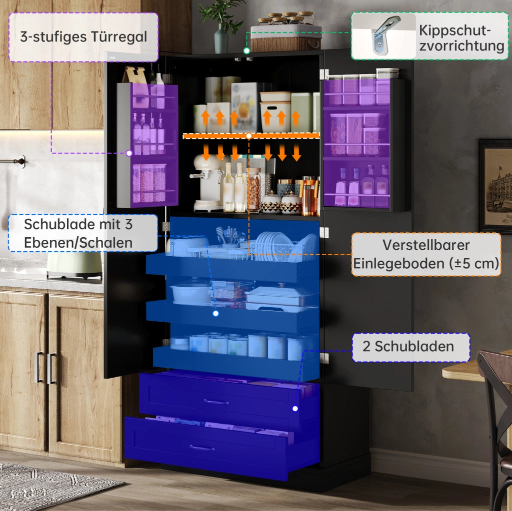 Mobile alto da cucina nero in MDF con ripiani estraibili