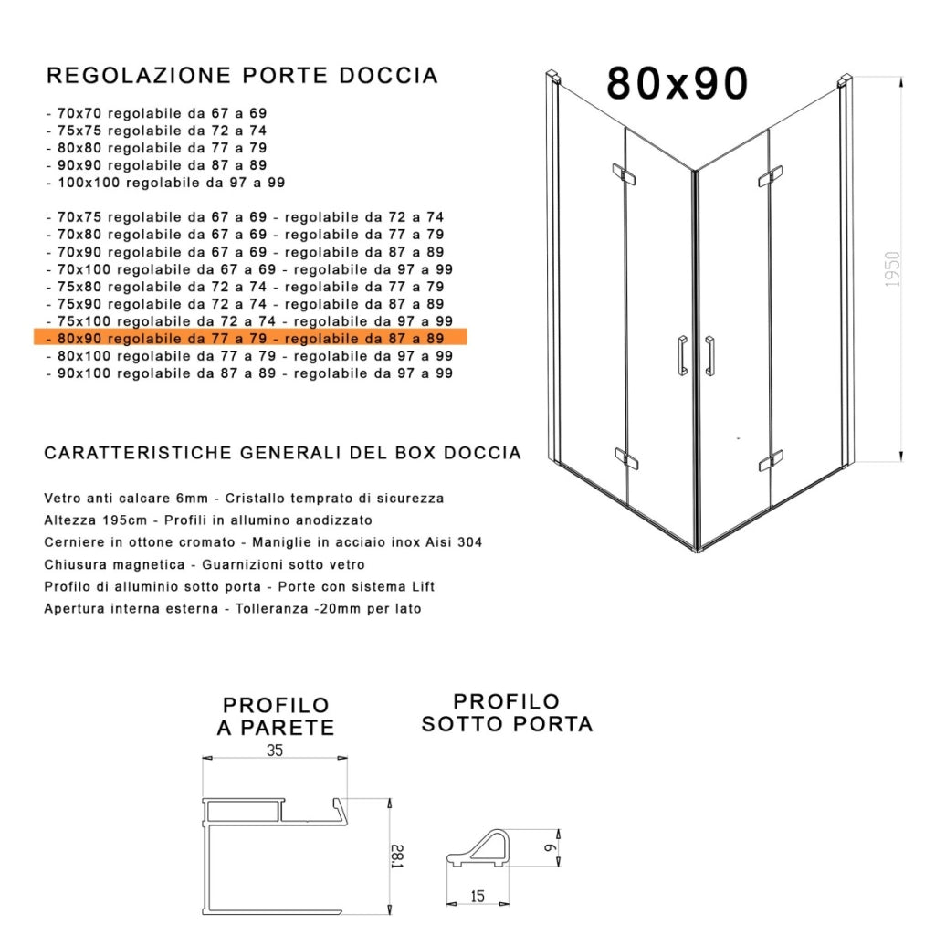 Box doccia 2 lati a soffietto trasparente senza profili 6mm h195 anticalcare rea, misura 80x90