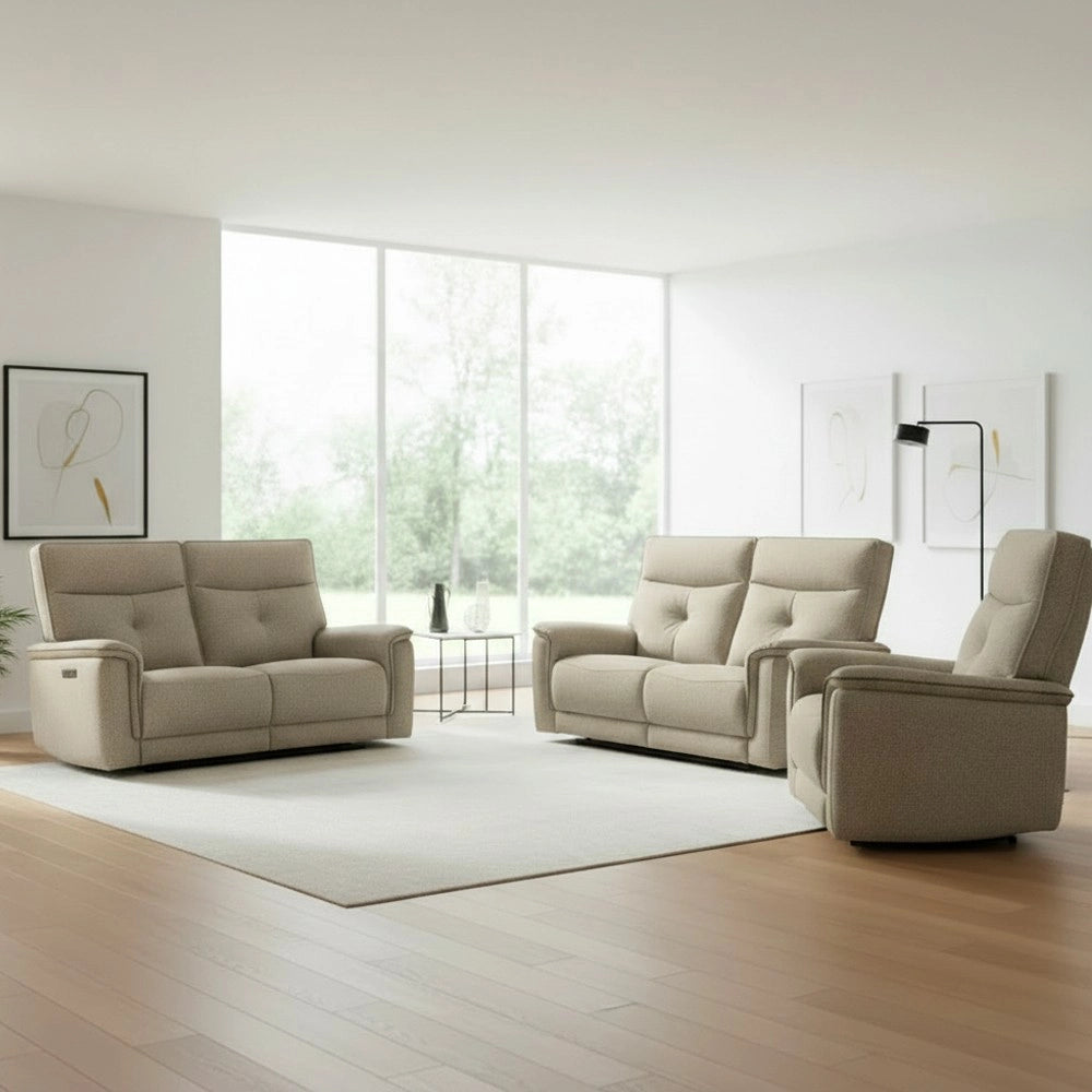 Set divani recliner elettrici Elysio divano 3 posti + divano 2 posti + poltrona recliner tessuto sabbia