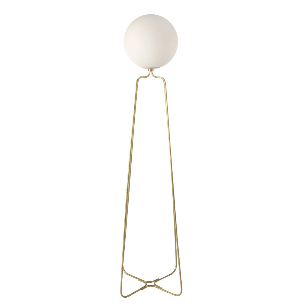 Lampada da terra in acciaio dorato e vetro bianco