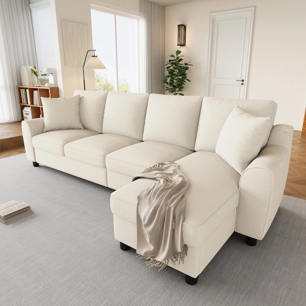 Divano angolare a L con chaise longue e vano contenitore, schienale ribaltabile con portabicchieri, in chenille beige