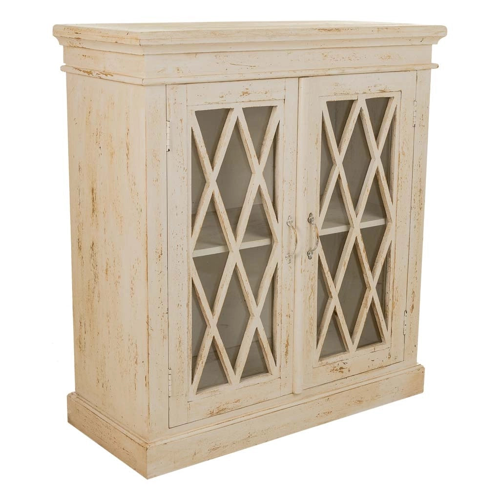 Mobile da ingresso in legno e vetro bianco lavorato a mano 90x40x100h
