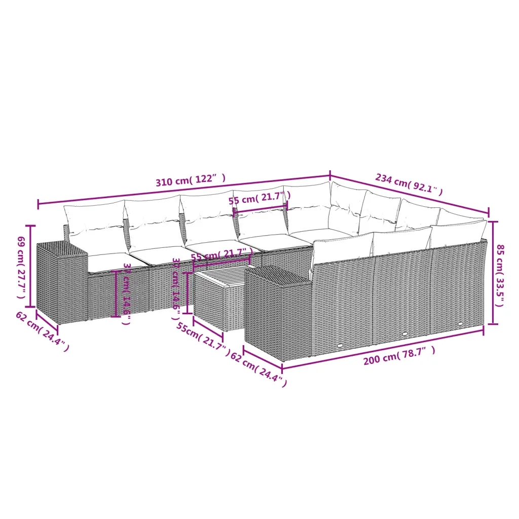 Set Divani da Giardino 11 pz con Cuscini in Polyrattan Nero 3257952