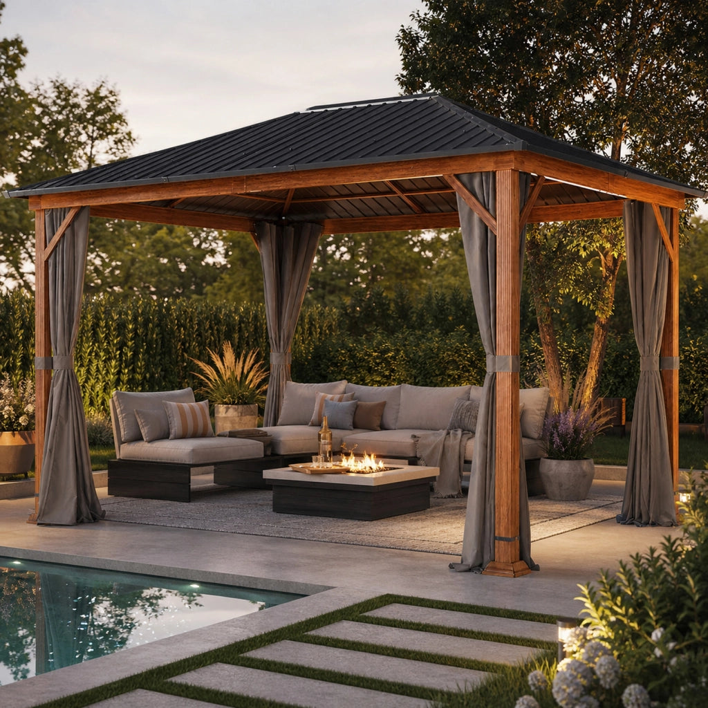 Gazebo Per Giardino 3x4 Metri Con Struttura Effetto Legno Tetto In Acciaio Zincato E Tende Laterali Impermeabili Adatto A Patio Terrazza E Outdoor 300 x 400 x 295 Cm Effetto Legno E Grigio