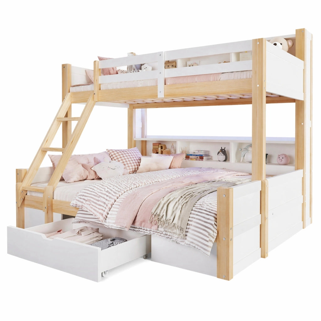 Letto a castello per bambini 90x200 cm + 140x200 cm in pino; bianco e naturale; con LED; cassetto e vani aperti