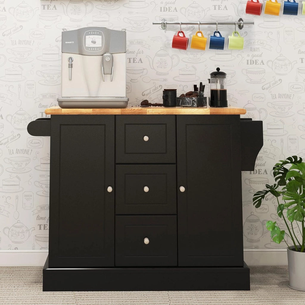Carrello da Cucina Con Rotelle Nascoste, Isola in Legno Con 3 Cassetti e 2 Armadietti, Credenza Con Barra Laterale per Asciugamani e Portaspezie, 127x46x91,5cm (Nero)