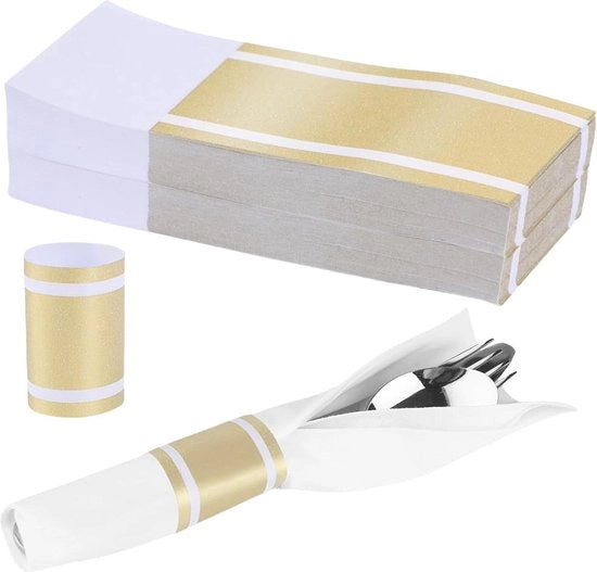 200 servettoni dorati - manichette serviette - servettoni con applicazione bianca - servettoni - manichette serviette con riflessi - decorazioni per matrimonio - matrimonio - contenuto HTML richiesto.