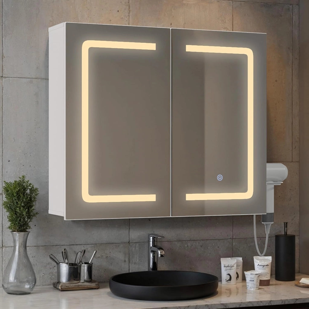 Armadio da bagno da, con specchio e illuminazione a LED, dimmerabile, con sensore di contatto, presa elettrica, ripiani regolabili, doppia porta in MDF di alta qualità, bianco (60 x 80
