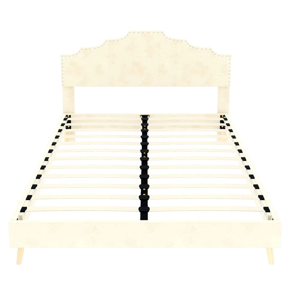 Letto imbottito con rete a doghe e materasso 140 x 200 cm in tessuto beige