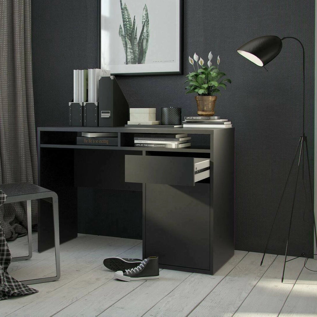 Scrivania Abbadu, Scrittoio multiuso, Tavolo per ufficio porta PC, Piano di lavoro, 110x48 h77 cm, Nero