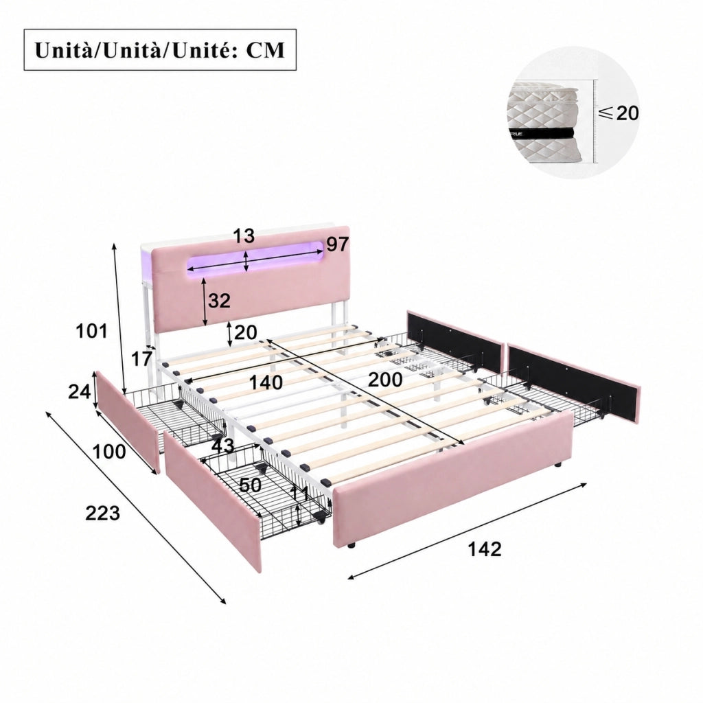 Letto imbottito rosa 140x200 cm con quattro cassetti laterali e LED; velluto