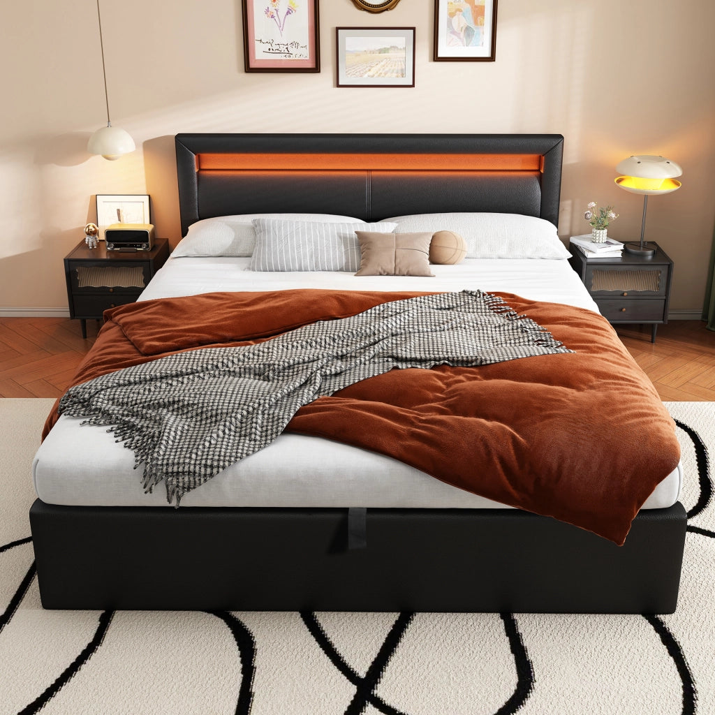 OKWISH Letto Contenitore 140×190 cm, Letto Matrimoniale con Contenitore, LED e Testiera, senza Materasso, in PU, Nero