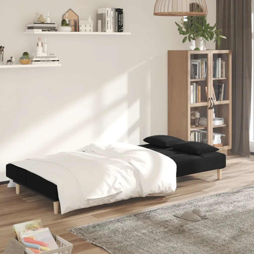 Divano Letto a 2 Posti con 2 Cuscini Nero in Tessuto 375794