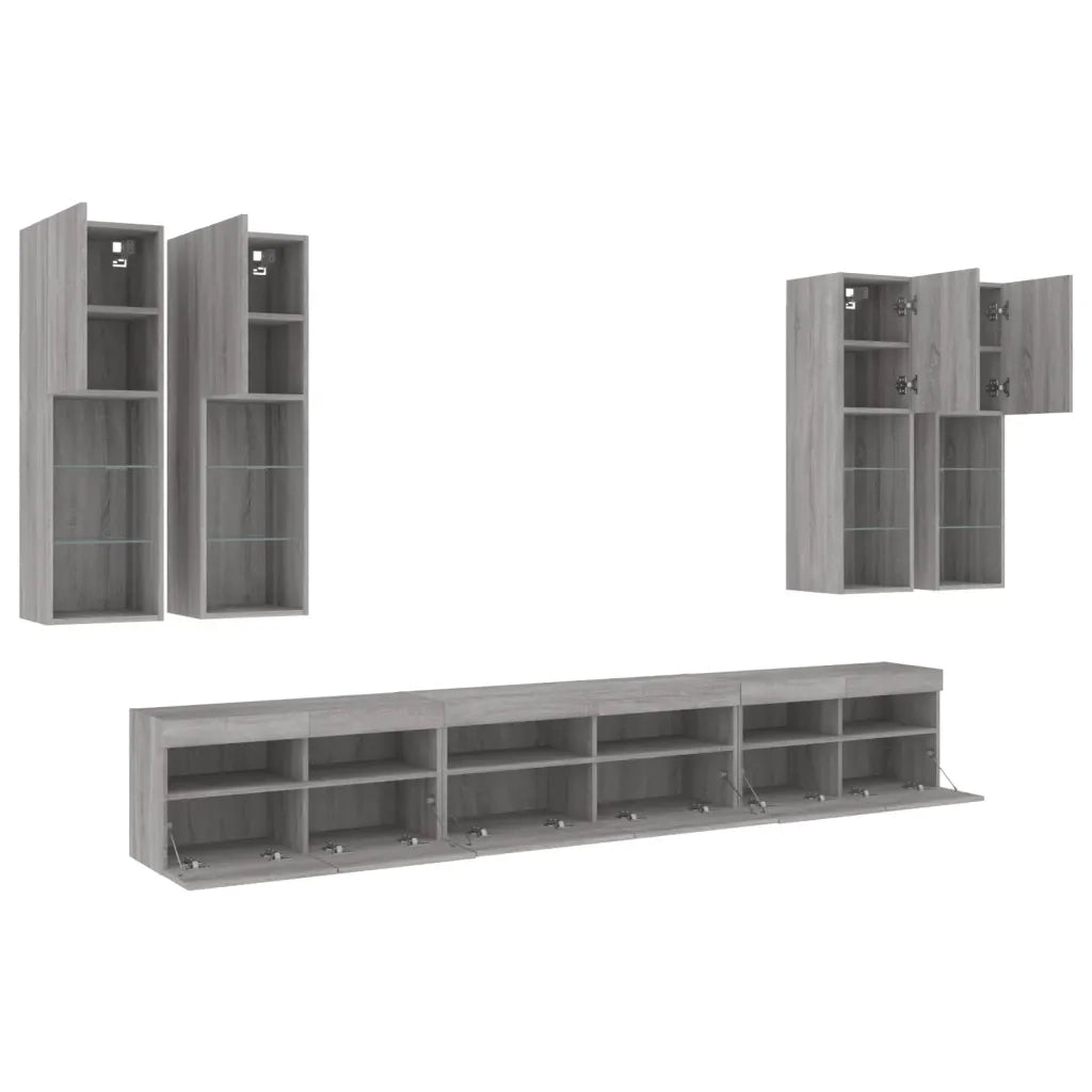 vidaXL Set Mobili TV a Muro 7 pz con Luci LED Grigio Sonoma