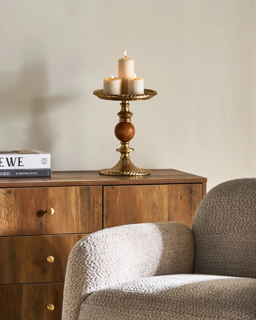 Portacandele in alluminio e legno di acacia design moderno color oro 31 cm