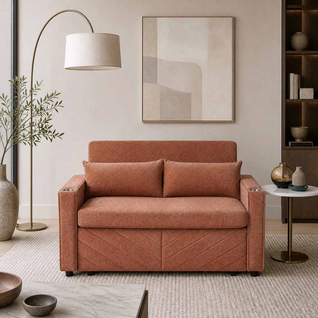 Divano letto 3 in 1 con sistema scorrevole e porte USB per soggiorno ufficio e ospiti in legno e tessuto arancione