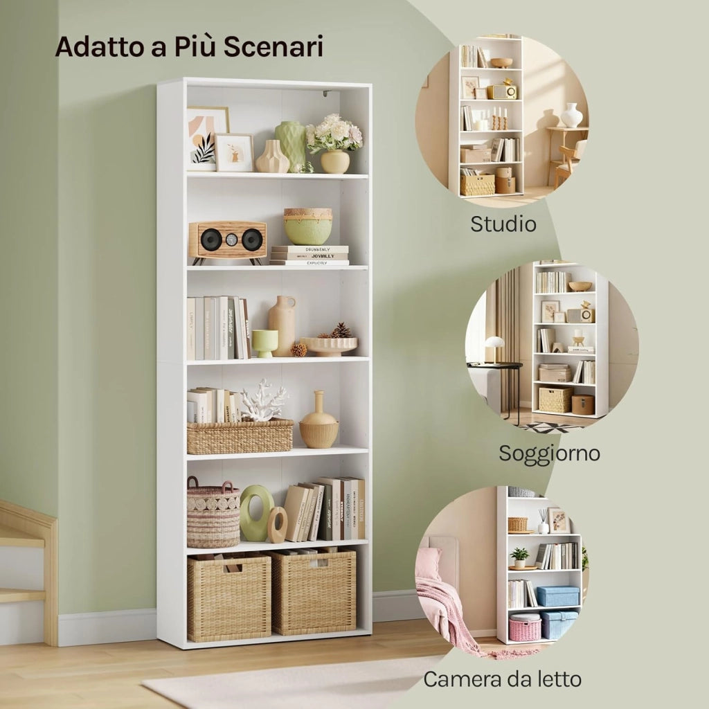 Libreria, scaffale con 6 ripiani regolabili, scaffale aperto, divisorio in piedi, per soggiorno, ufficio, camera da letto, 60 x 180 x 23,5 cm, bianco, SK052ws