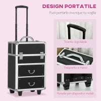 Trolley Valigetta Porta Trucchi Professionale, Blocco con 2 Chiavi e Ruote, Nero 36x23x52cm