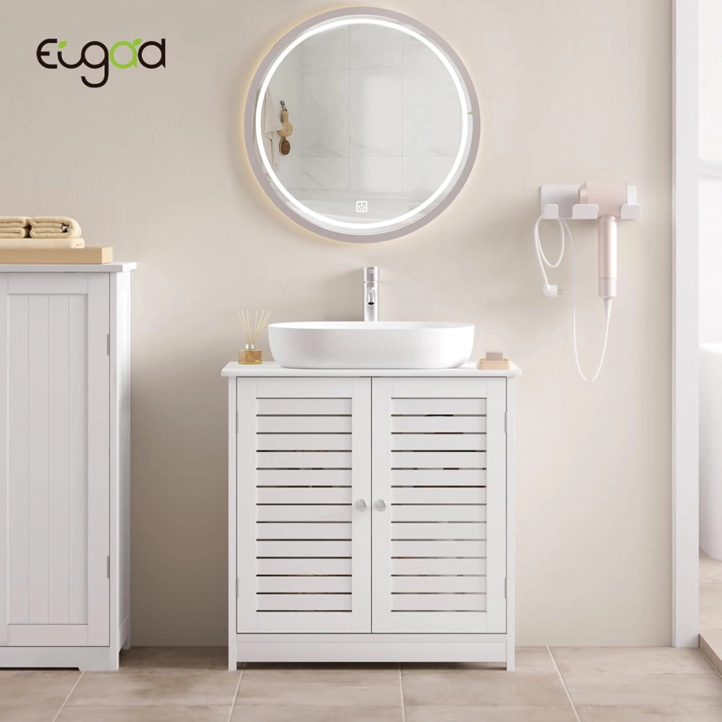 Mobiletto Sottolavabo Sottolavello Bianco Armadietto sotto Lavandino per Bagno con Due Ante in Legno