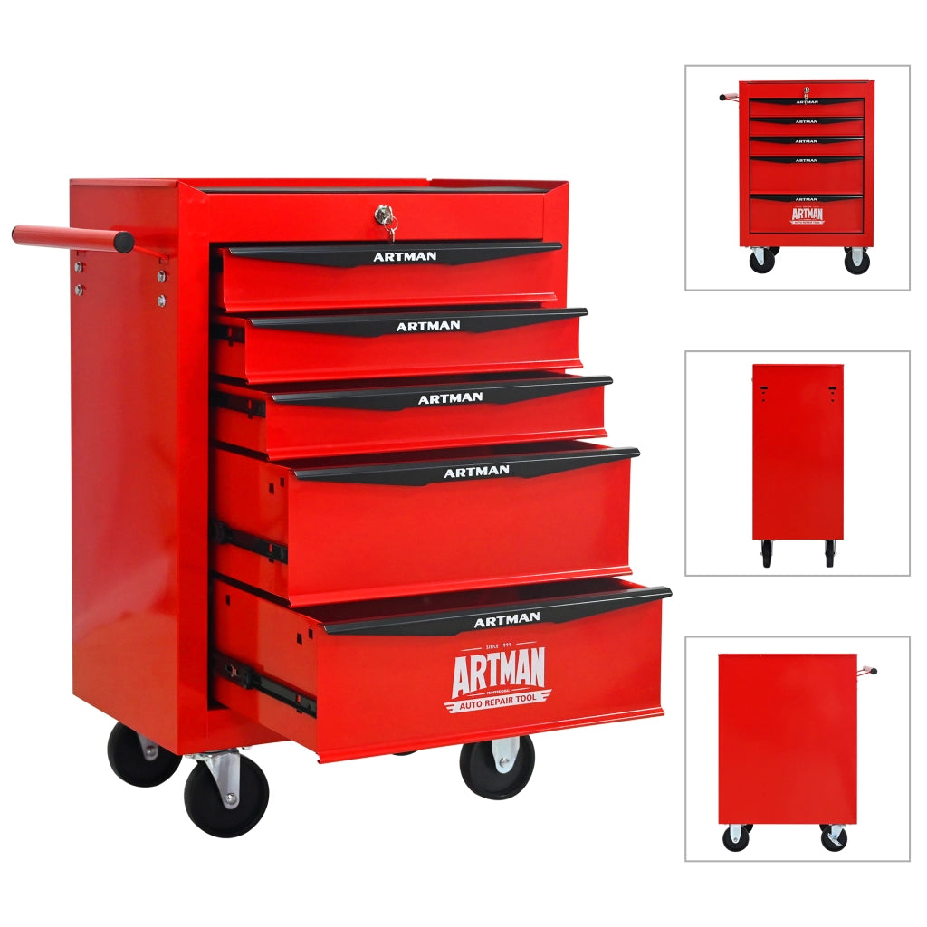 Carrello portautensili con 5 cassetti e ruote piroettanti, bloccabile, per garage, in acciaio, rosso nero 60 × 33 × 77,5 cm
