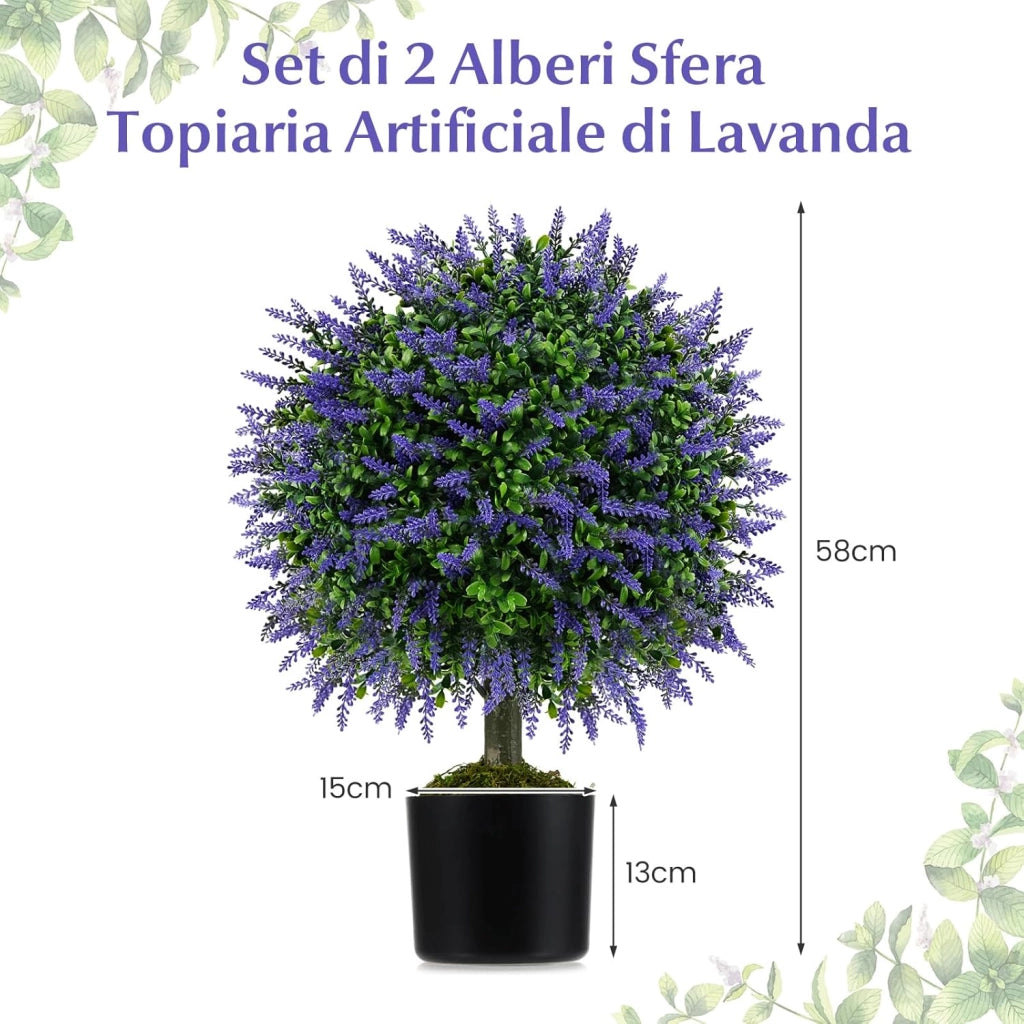 Set di 2 Alberi di Topiario Artificiale con Lavanda, Albero di Bosso Finto da 58 cm con Vaso Riempito di Cemento, Pianta Finta Resistente al Sole per Interni ed Esterni