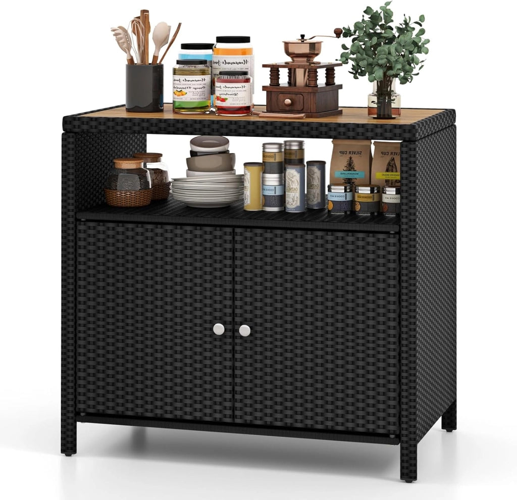 Armadio da Esterno Impermeabile in Rattan, Armadietto Basso con Piano di Lavoro in Legno e Ripiano Aperto, Credenza da Cucina, Balcone, Giardino, Corridoio, 90 x 53 x 86 cm (Marrone)